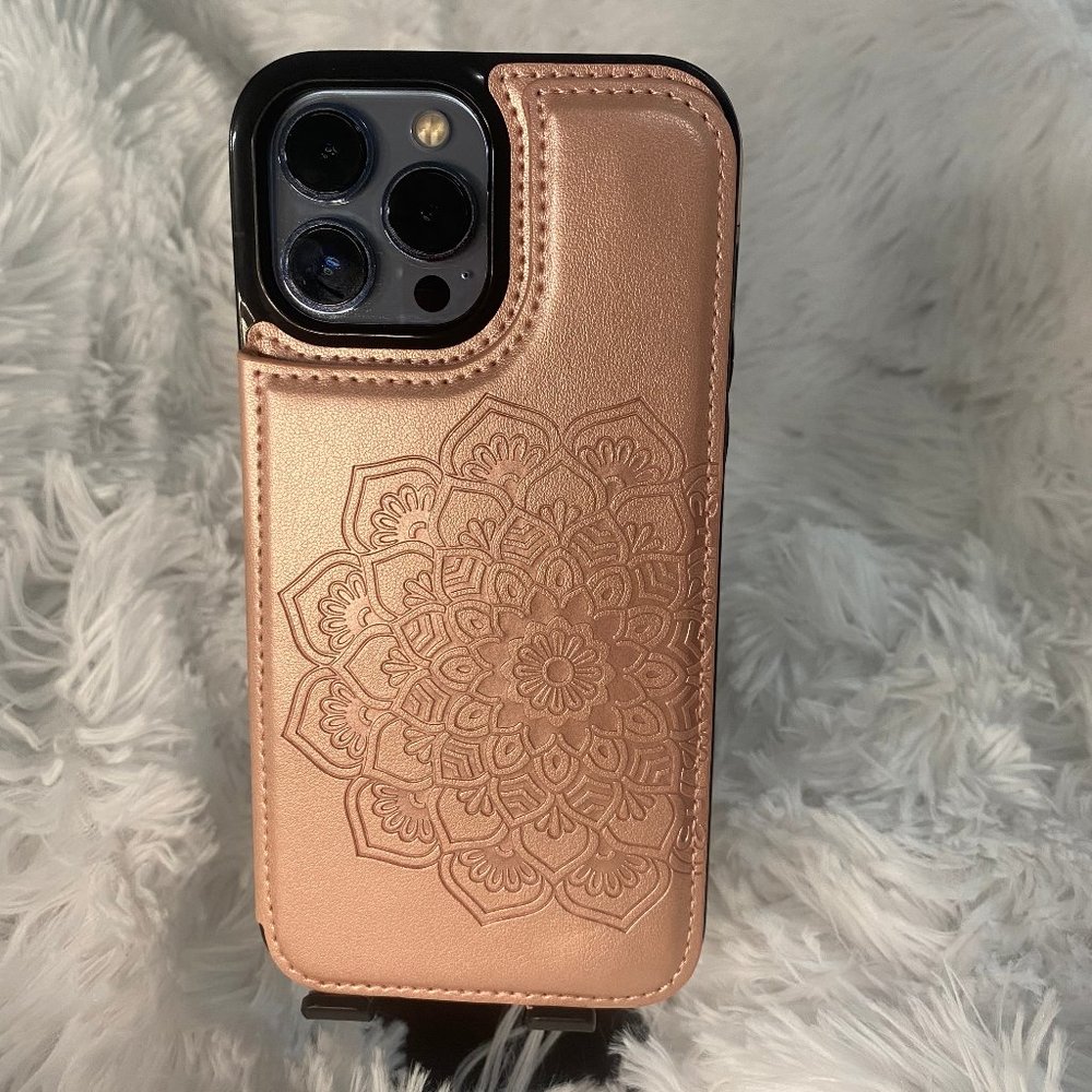 For iPhone 13 Pro Max Leather Case Double Buckle and CardSlot Mandala, Rose Gold